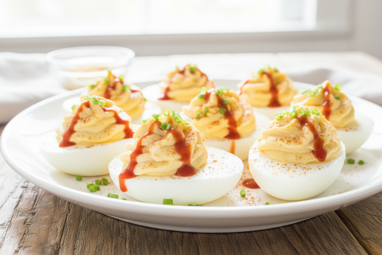 Hot Ones Pickled Garlic Sriracha Deviled Eggs